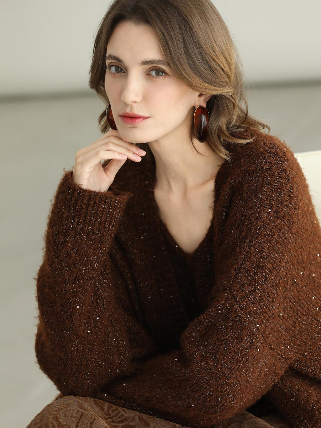 COCOBELLA Sequin Lurex Button Cardigan Office Relaxed Fit Caramel Brown Sweater