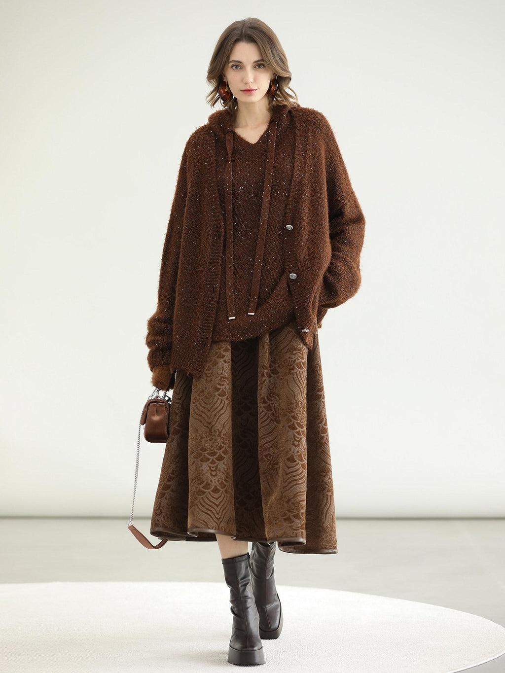 COCOBELLA Sequin Lurex Button Cardigan Office Relaxed Fit Caramel Brown Sweater