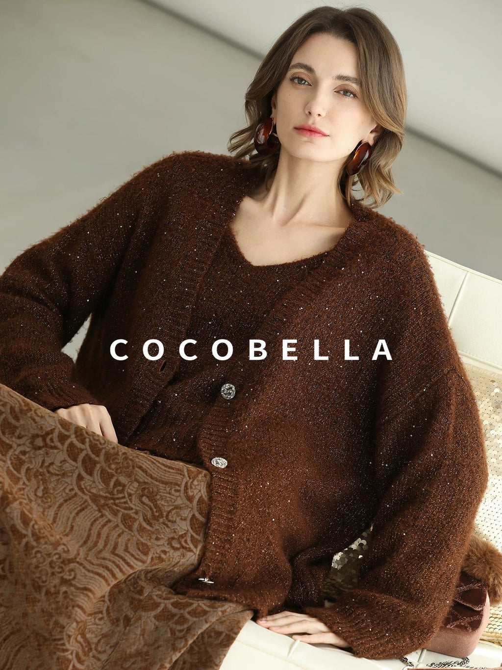 COCOBELLA Sequin Lurex Button Cardigan Office Relaxed Fit Caramel Brown Sweater