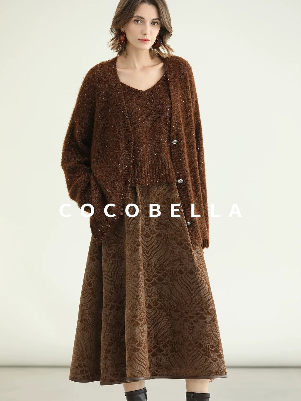 COCOBELLA Sequin Lurex Button Cardigan Office Relaxed Fit Caramel Brown Sweater