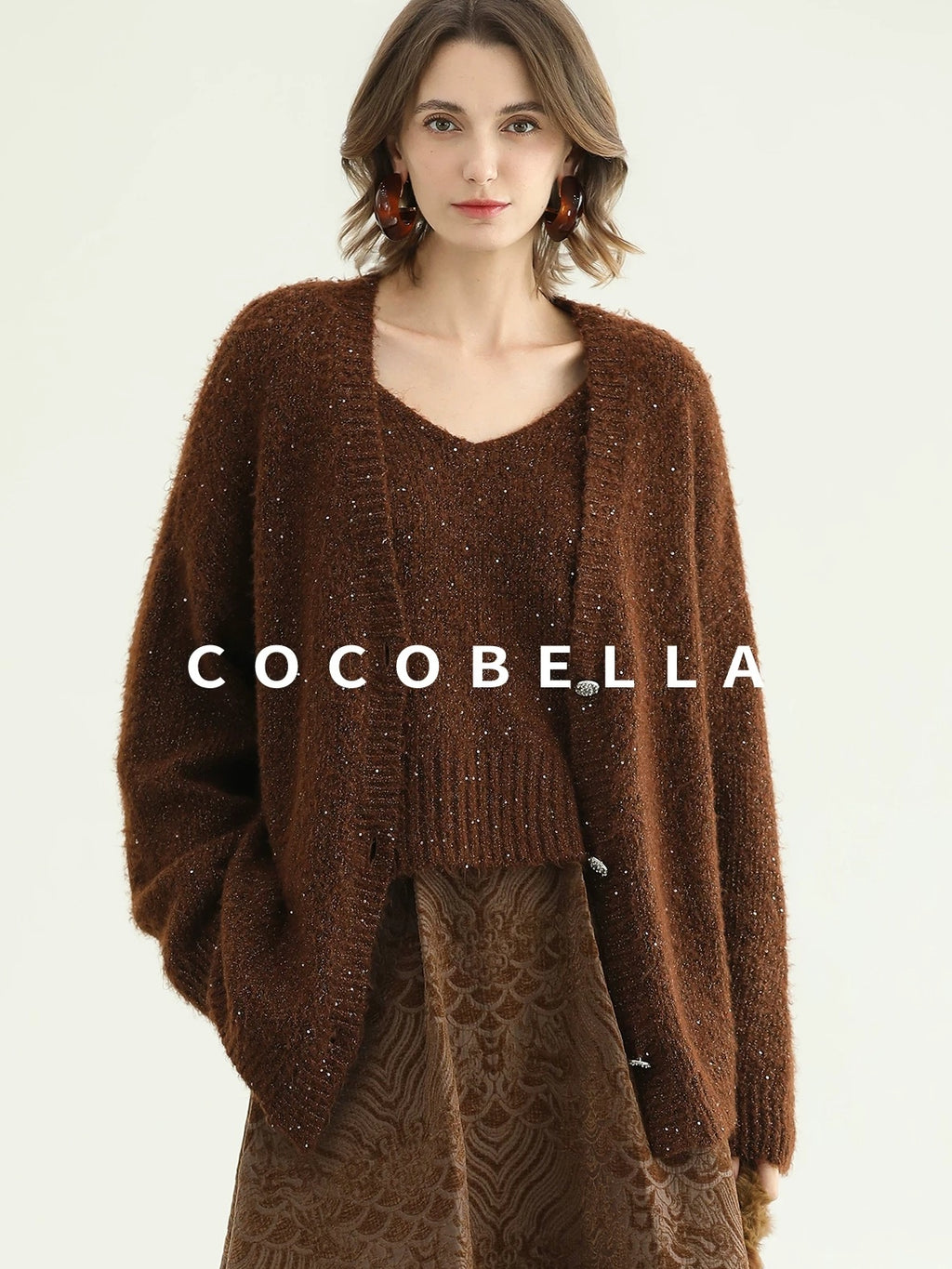 COCOBELLA Sequin Lurex Button Cardigan Office Relaxed Fit Caramel Brown Sweater