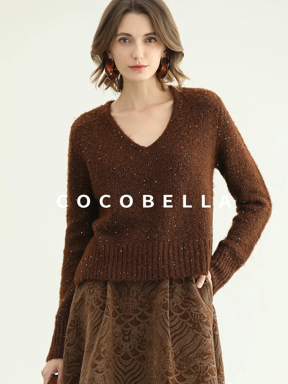 COCOBELLA Sequin Lurex Button Cardigan Office Relaxed Fit Caramel Brown Sweater