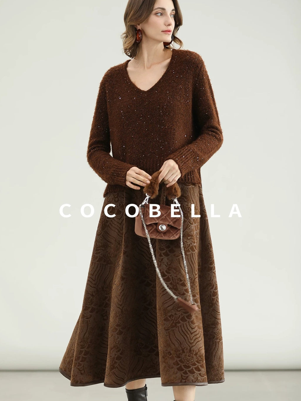 COCOBELLA Sequin Lurex Button Cardigan Office Relaxed Fit Caramel Brown Sweater