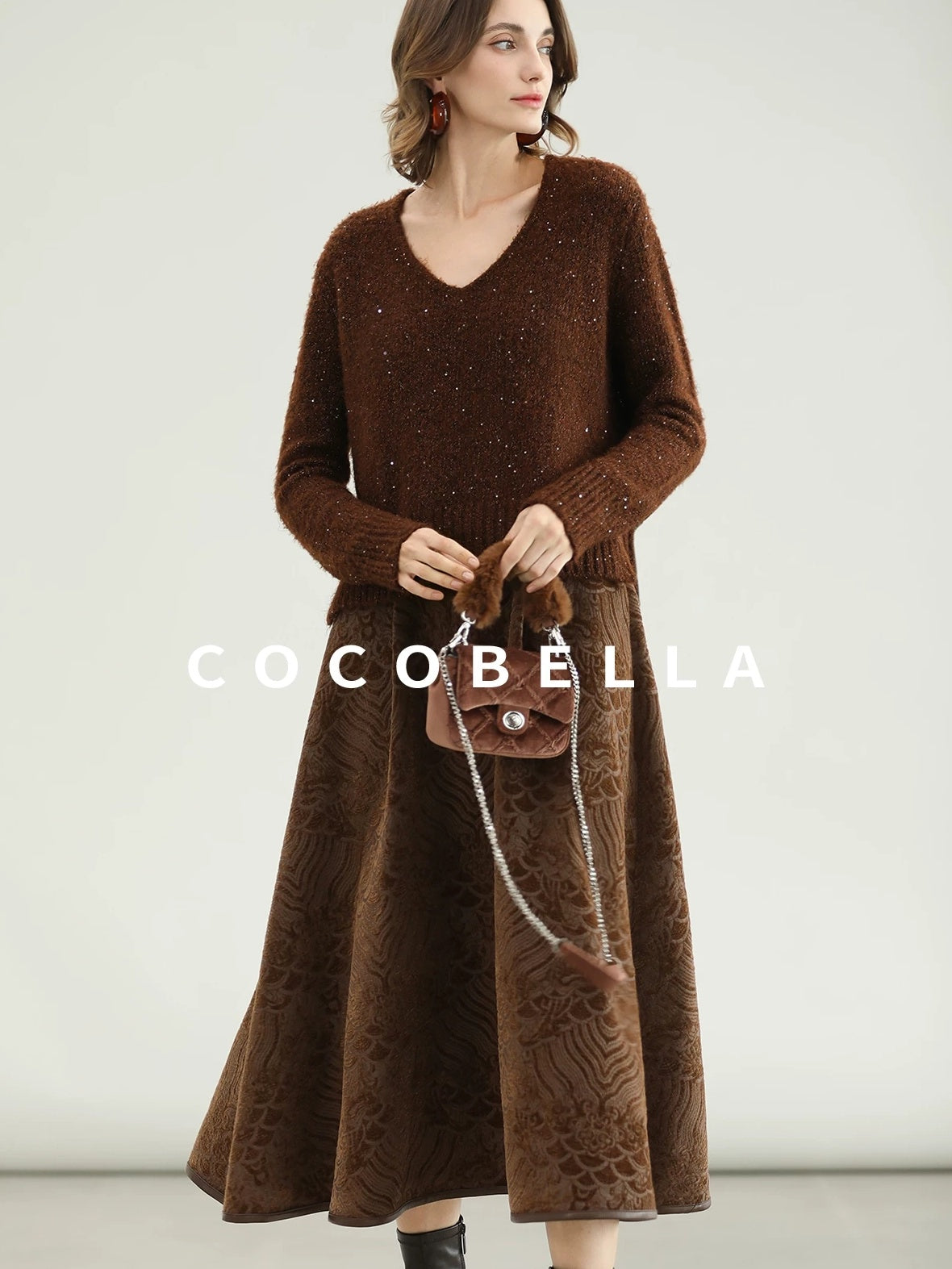 COCOBELLA Sequin Lurex Button Cardigan Office Relaxed Fit Caramel Brown Sweater