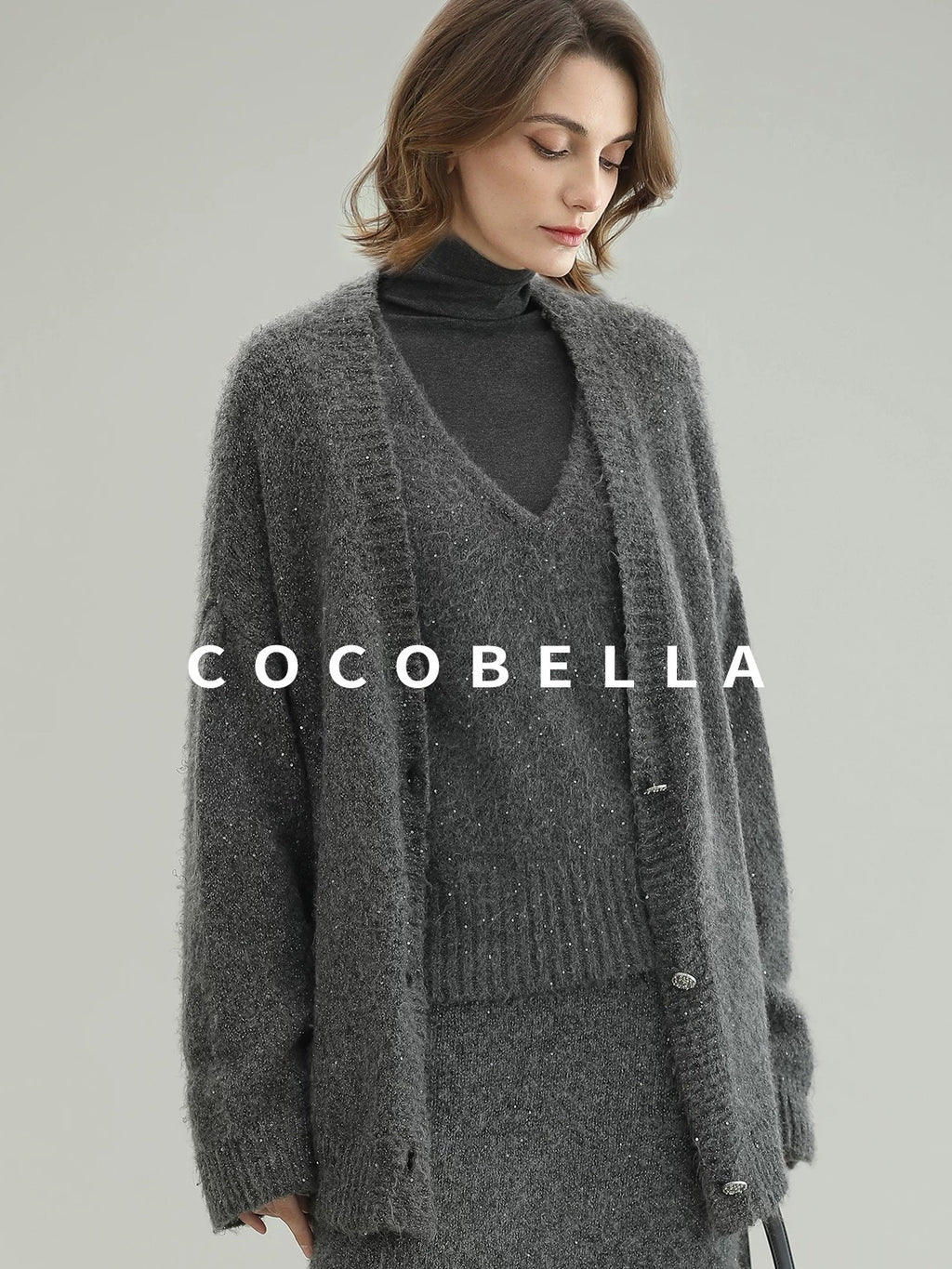 COCOBELLA Sequin Oversized Knit Cardigan Workwear Button Front Women Sweater