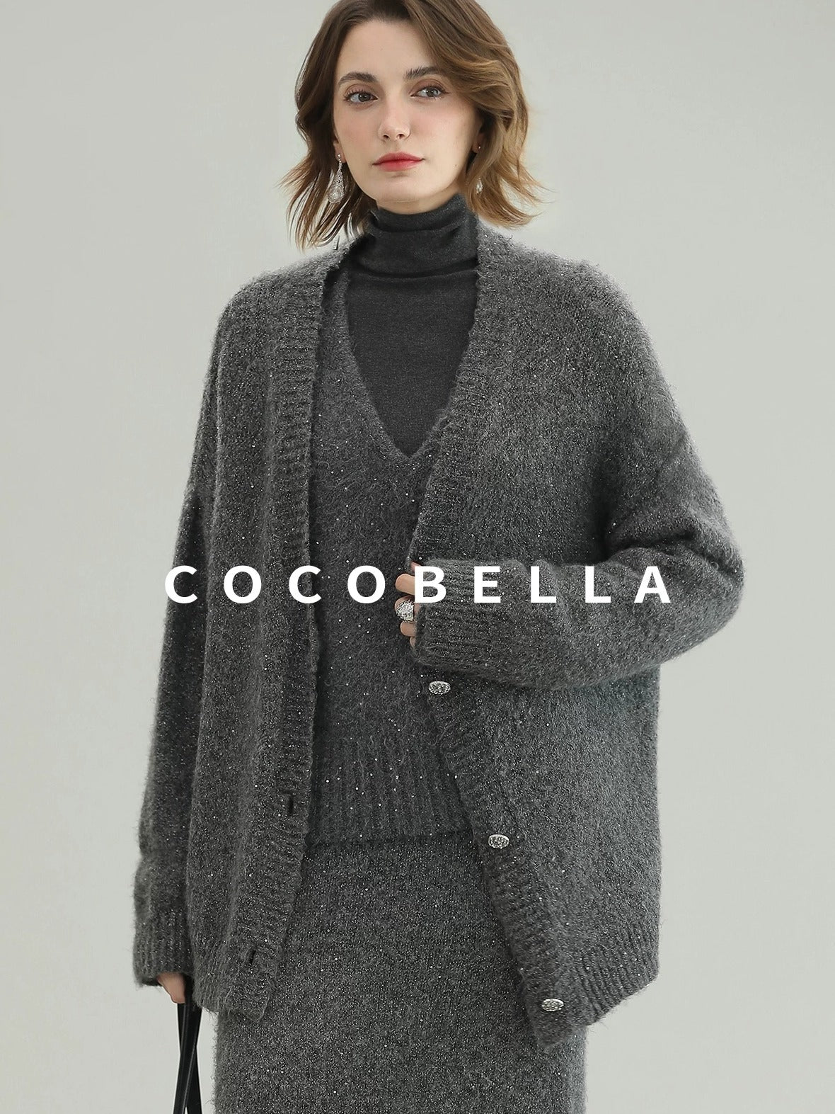COCOBELLA Sequin Oversized Knit Cardigan Workwear Button Front Women Sweater