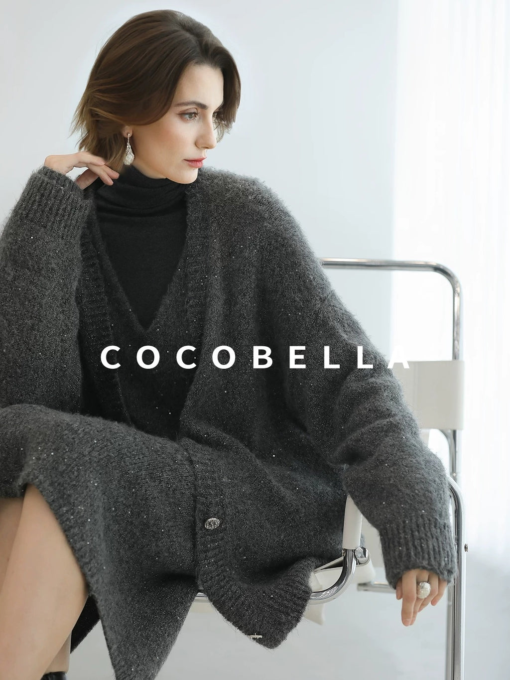 COCOBELLA Sequin Oversized Knit Cardigan Workwear Button Front Women Sweater