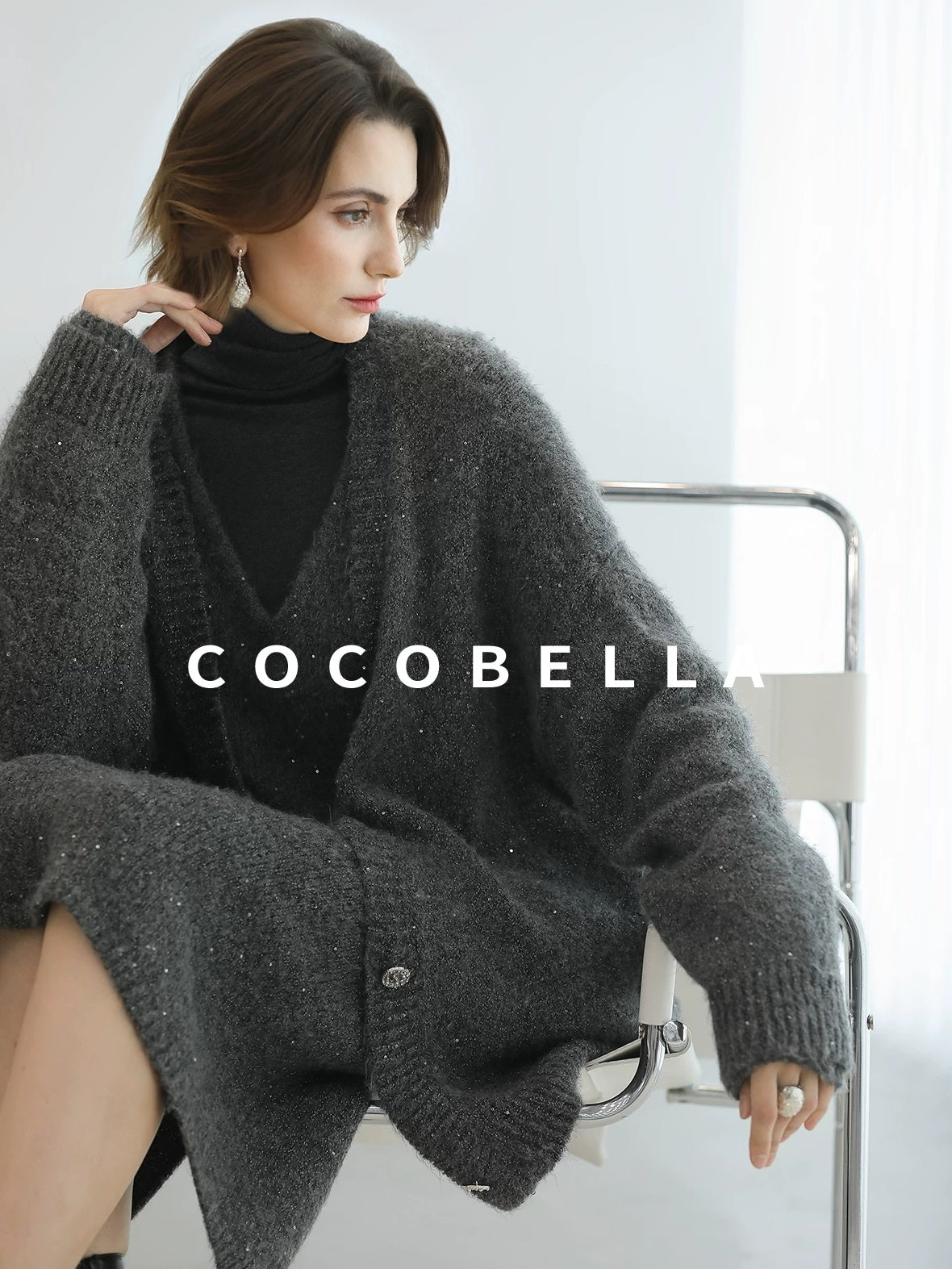 COCOBELLA Sequin Oversized Knit Cardigan Workwear Button Front Women Sweater