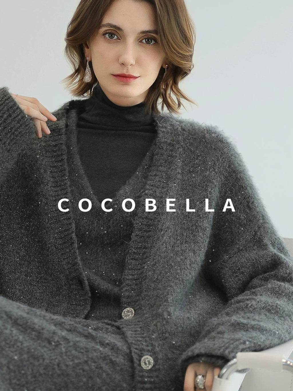 COCOBELLA Sequin Oversized Knit Cardigan Workwear Button Front Women Sweater