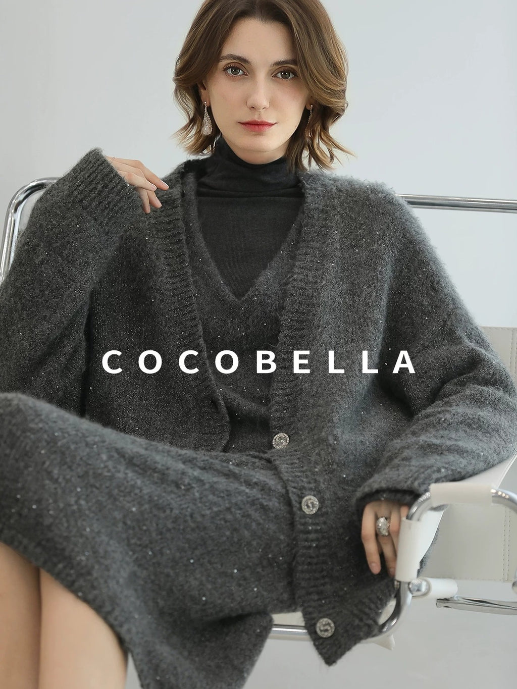COCOBELLA Sequin Oversized Knit Cardigan Workwear Button Front Women Sweater