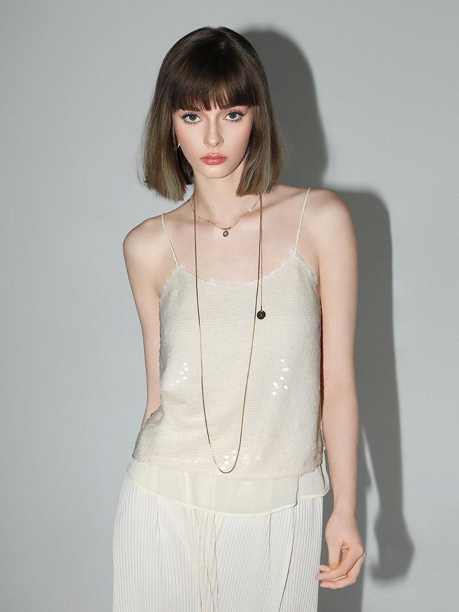 COCOBELLA Sequin Patchwork Straight Fit Low Round Neck Cami Embroidered Women Tops