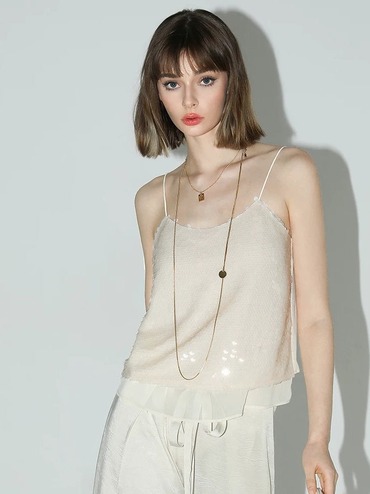 COCOBELLA Sequin Patchwork Straight Fit Low Round Neck Cami Embroidered Women Tops