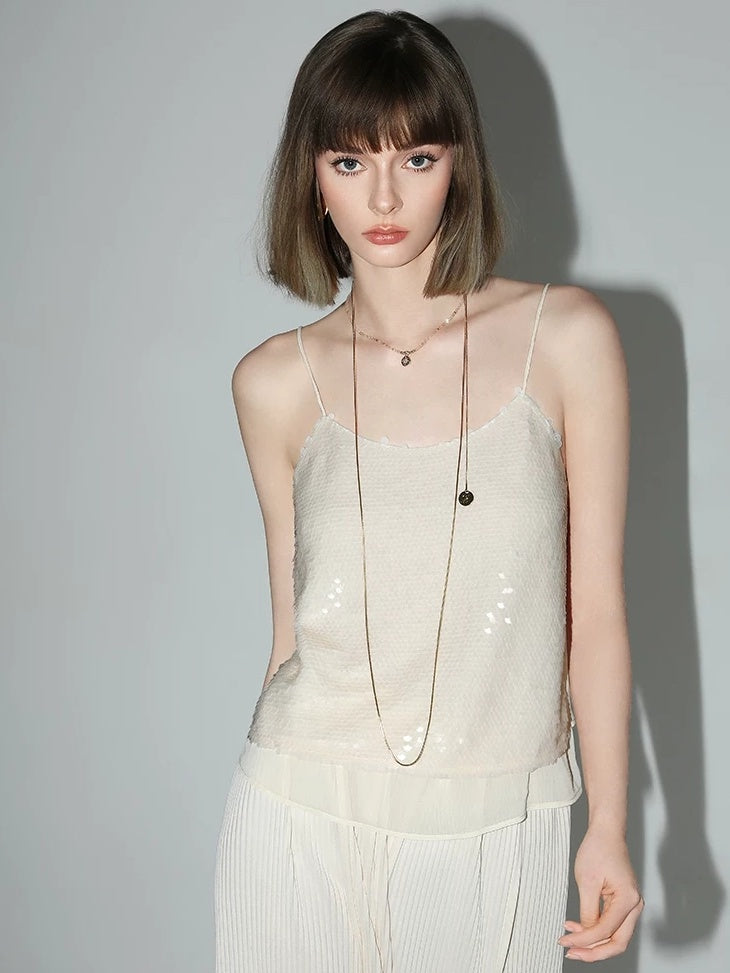 COCOBELLA Sequin Patchwork Straight Fit Low Round Neck Cami Embroidered Women Tops