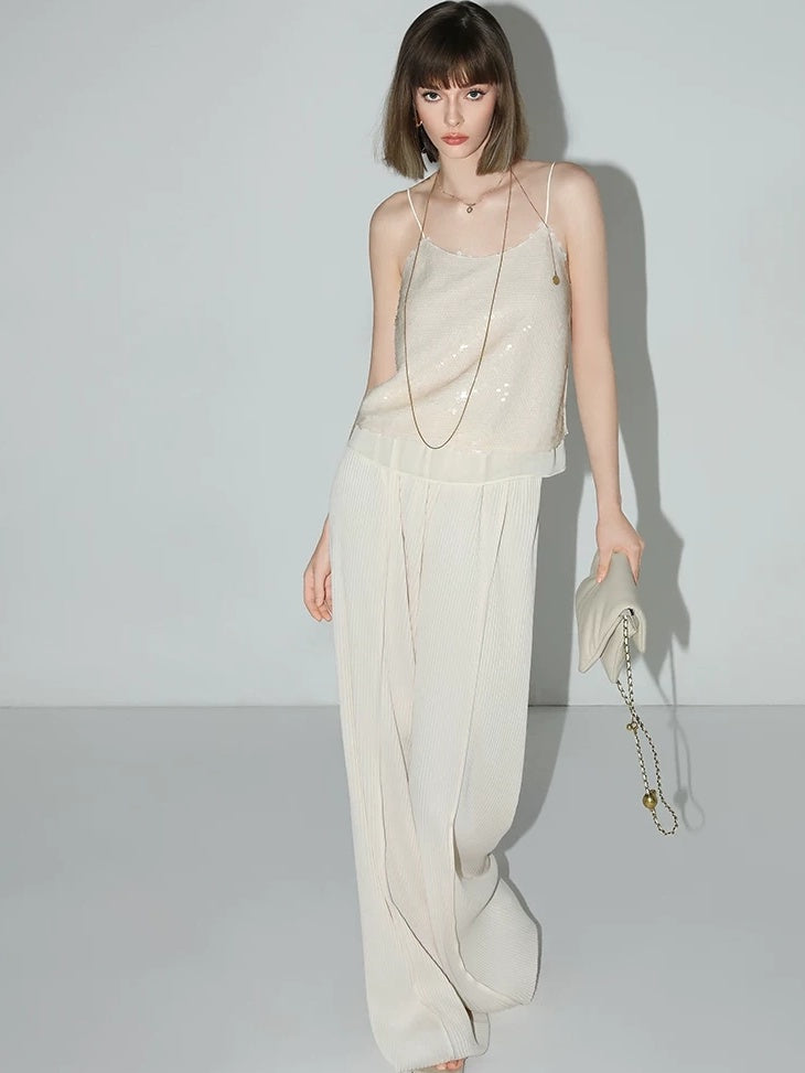 COCOBELLA Sequin Patchwork Straight Fit Low Round Neck Cami Embroidered Women Tops