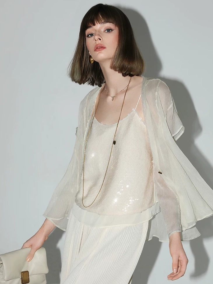 COCOBELLA Sequin Patchwork Straight Fit Low Round Neck Cami Embroidered Women Tops