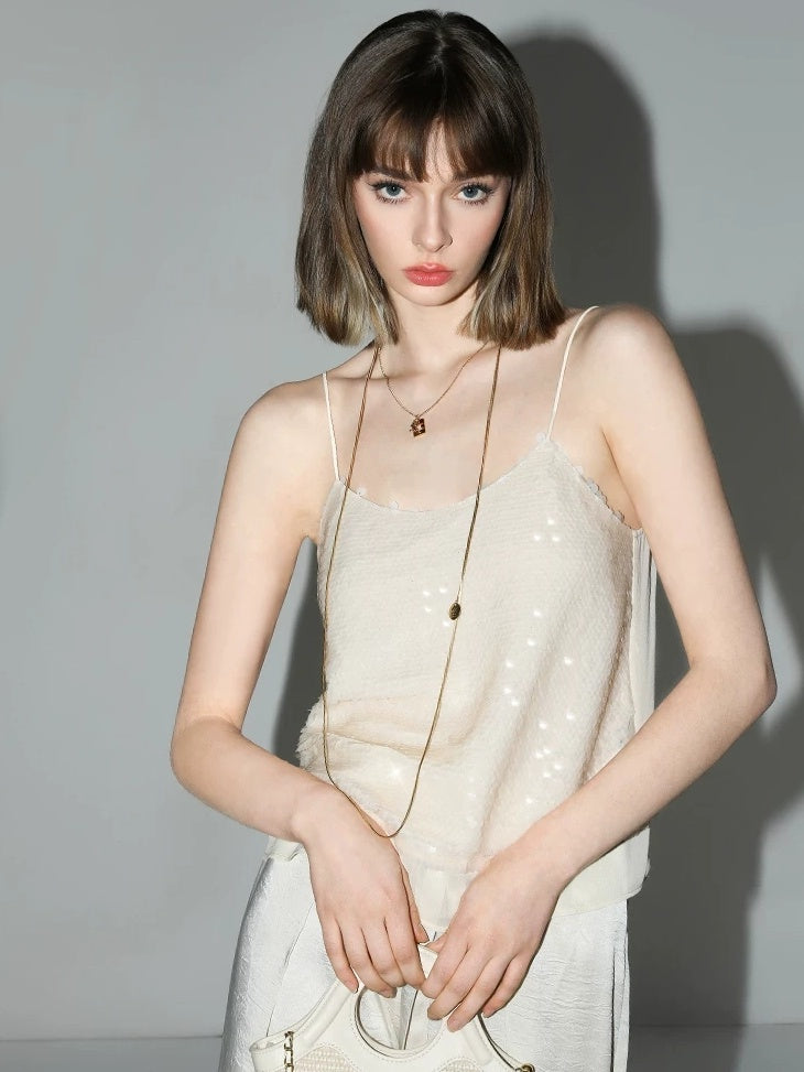 COCOBELLA Sequin Patchwork Straight Fit Low Round Neck Cami Embroidered Women Tops