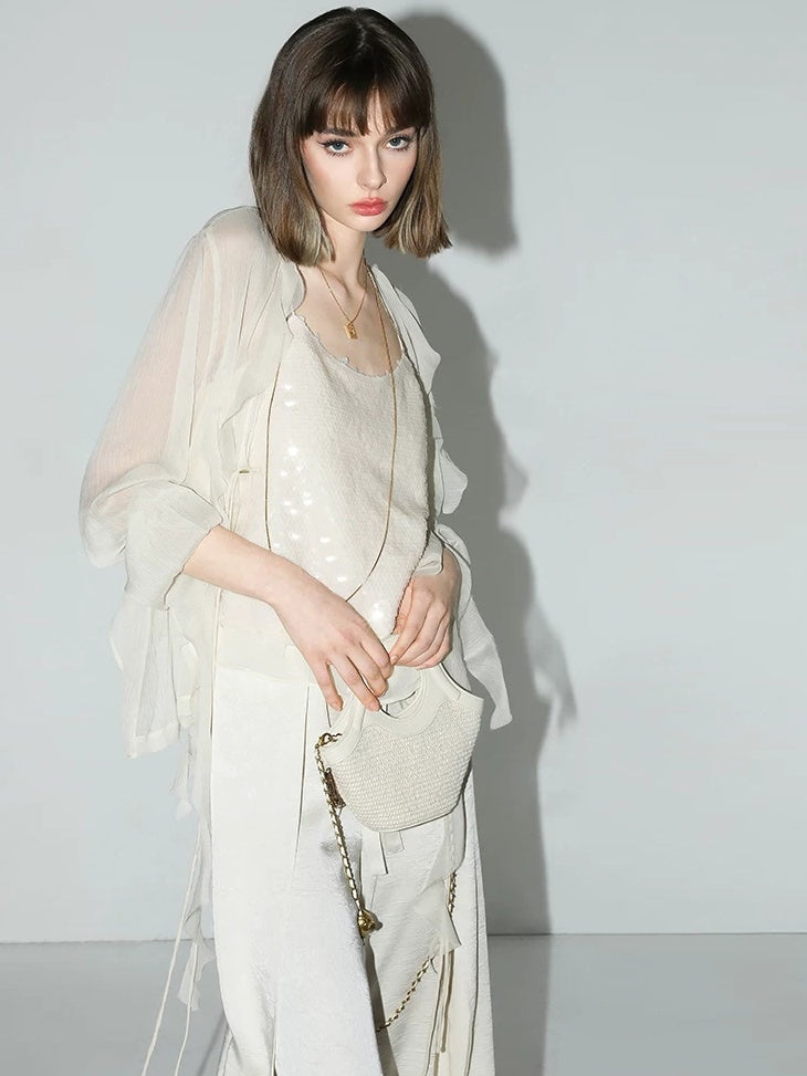 COCOBELLA Sequin Patchwork Straight Fit Low Round Neck Cami Embroidered Women Tops