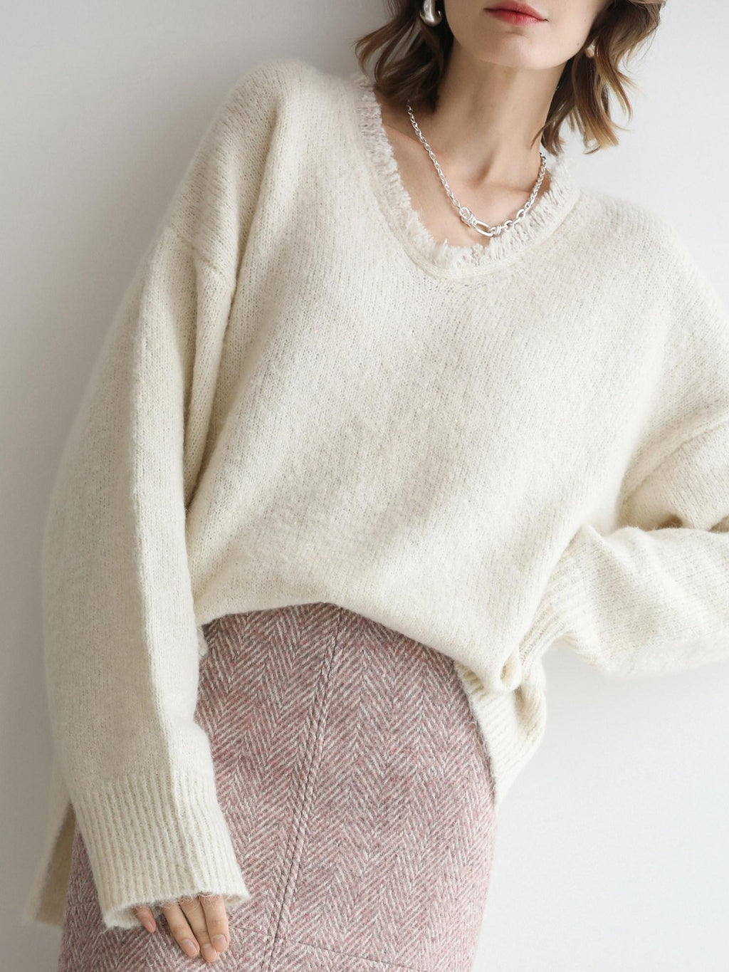 COCOBELLA Sequin Sparkle Relaxed V Neck Raw Edge Rib Slit Office Knit Pullover Sweater