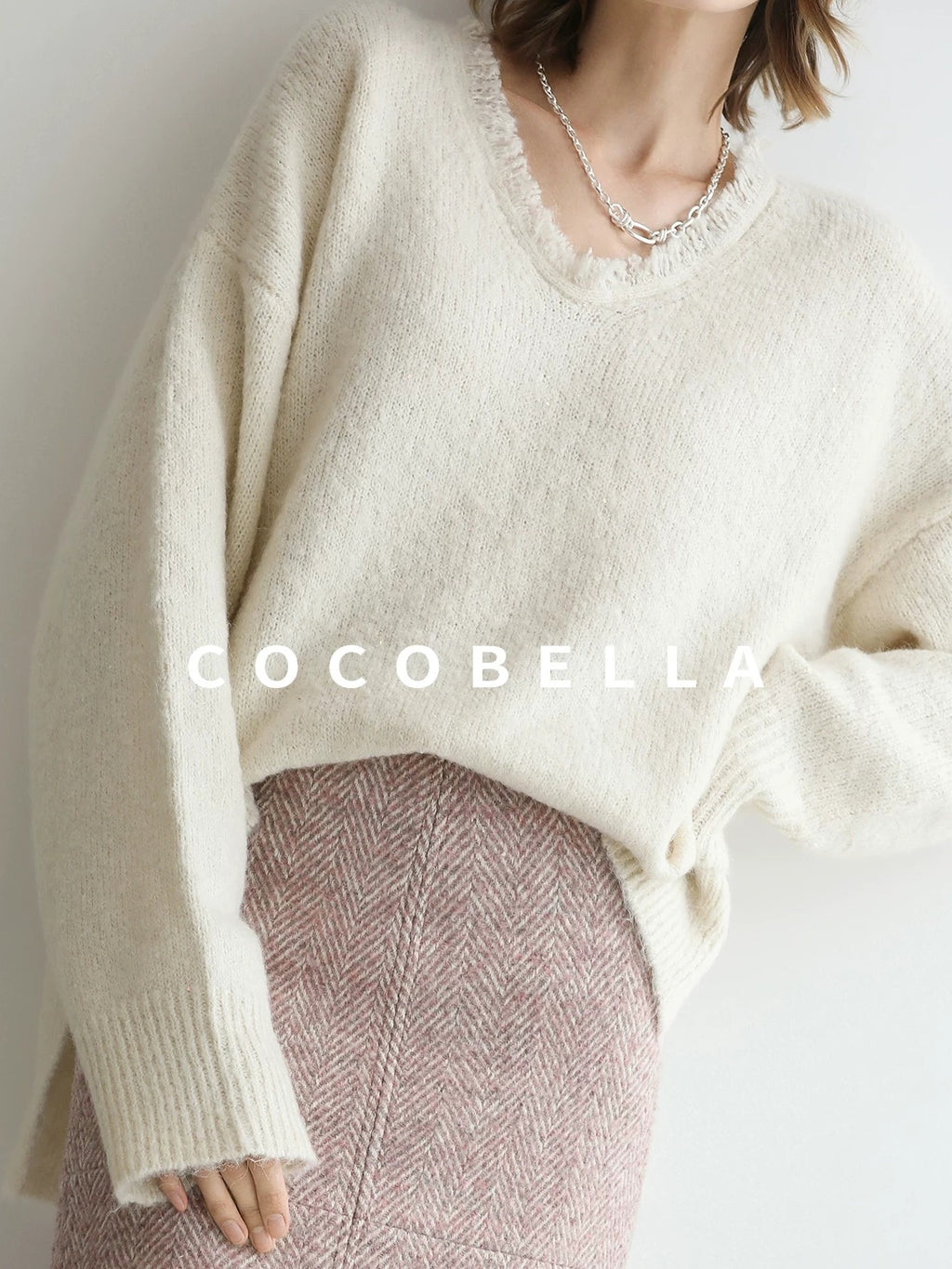 COCOBELLA Sequin Sparkle Relaxed V Neck Raw Edge Rib Slit Office Knit Pullover Sweater