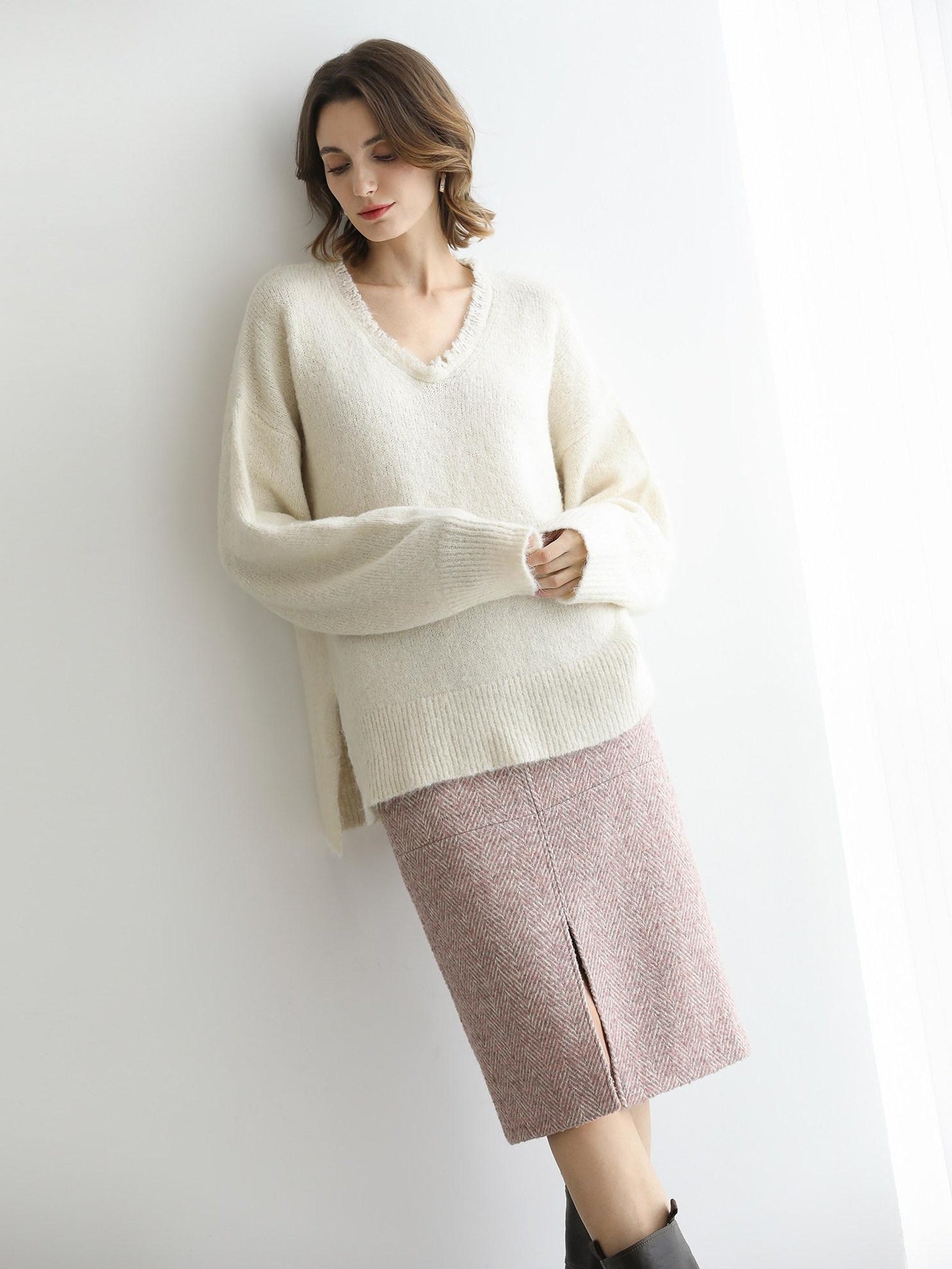 COCOBELLA Sequin Sparkle Relaxed V Neck Raw Edge Rib Slit Office Knit Pullover Sweater