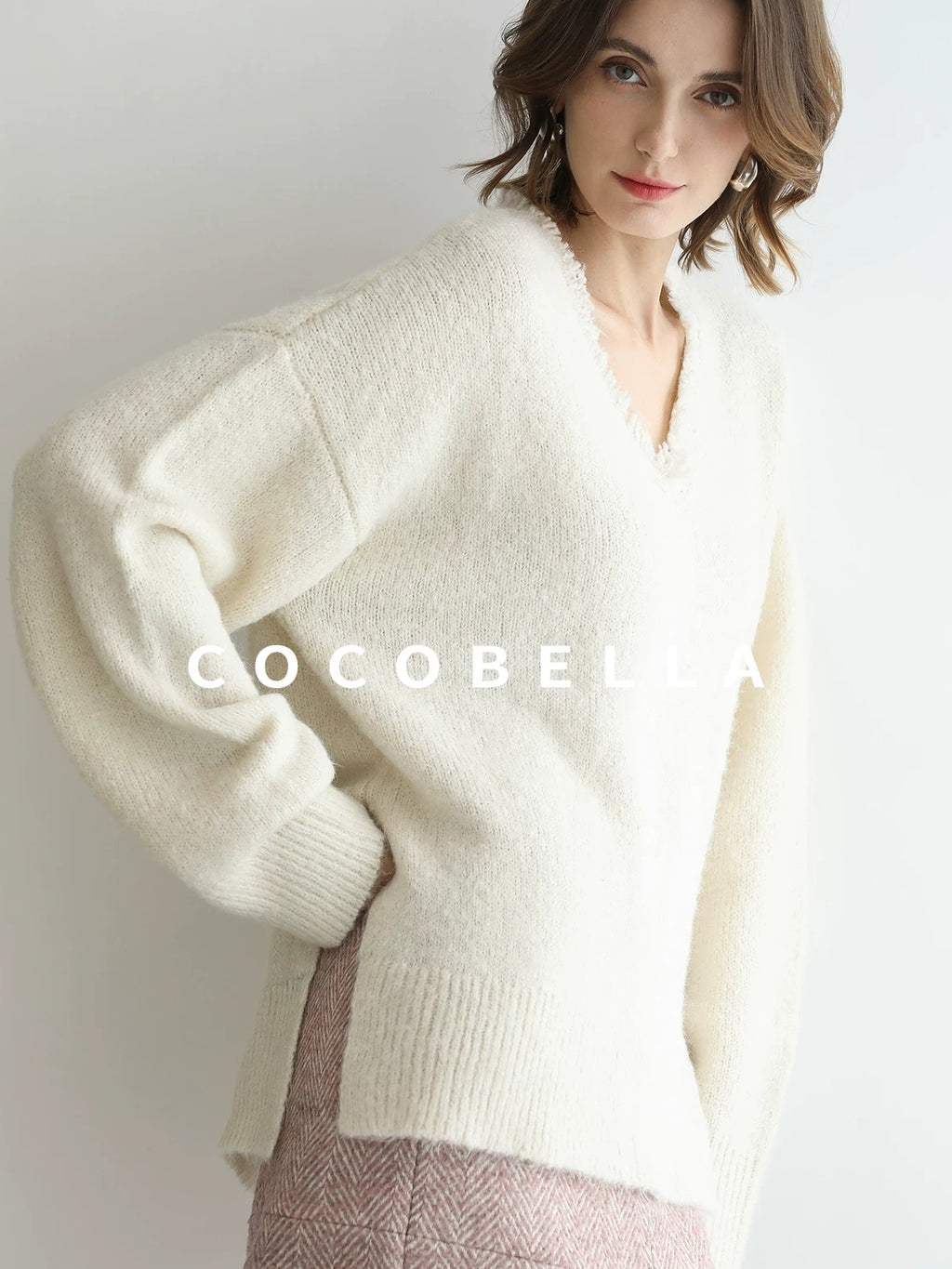 COCOBELLA Sequin Sparkle Relaxed V Neck Raw Edge Rib Slit Office Knit Pullover Sweater