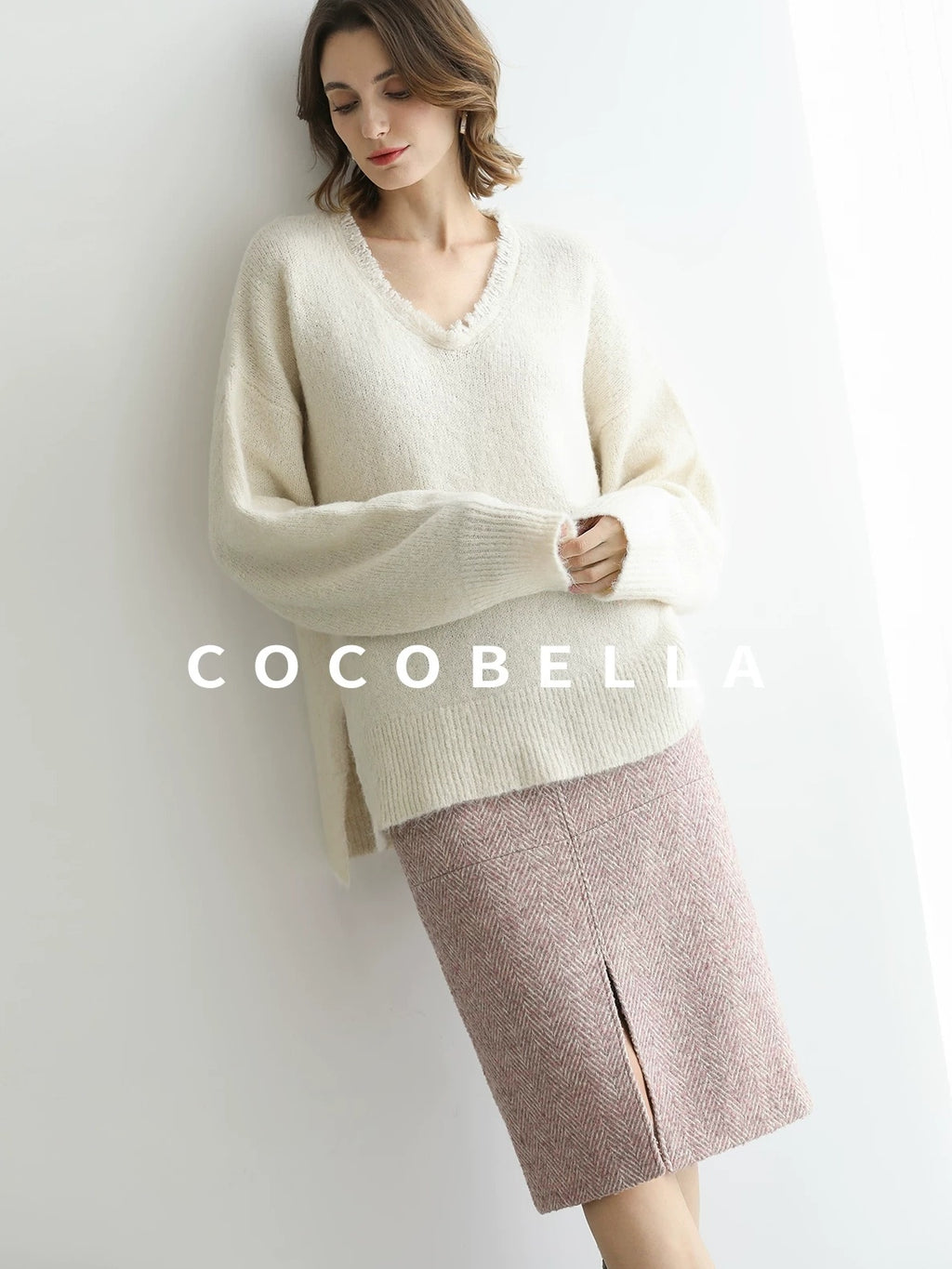 COCOBELLA Sequin Sparkle Relaxed V Neck Raw Edge Rib Slit Office Knit Pullover Sweater