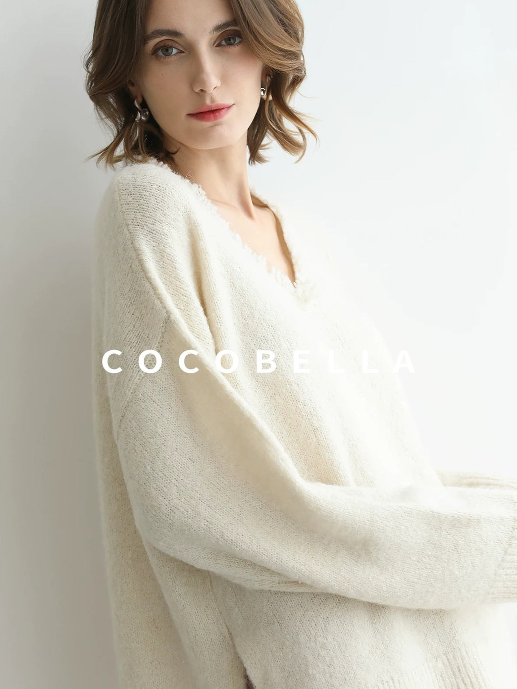 COCOBELLA Sequin Sparkle Relaxed V Neck Raw Edge Rib Slit Office Knit Pullover Sweater