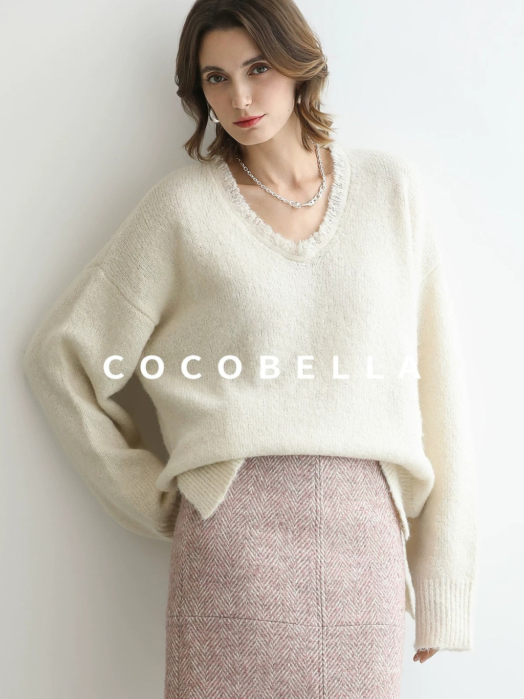 COCOBELLA Sequin Sparkle Relaxed V Neck Raw Edge Rib Slit Office Knit Pullover Sweater