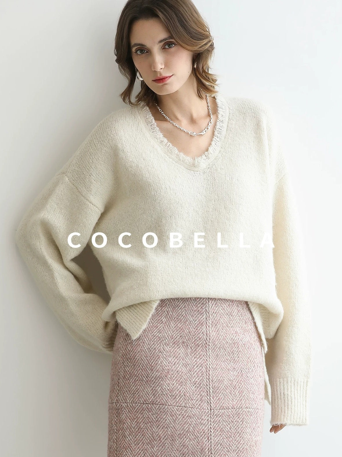 COCOBELLA Sequin Sparkle Relaxed V Neck Raw Edge Rib Slit Office Knit Pullover Sweater