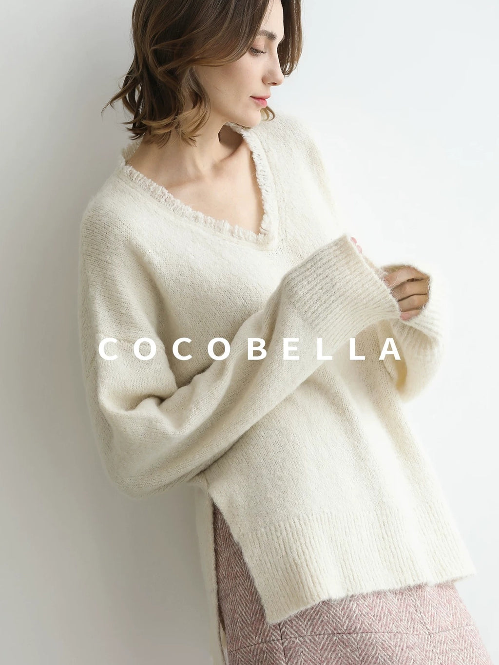 COCOBELLA Sequin Sparkle Relaxed V Neck Raw Edge Rib Slit Office Knit Pullover Sweater
