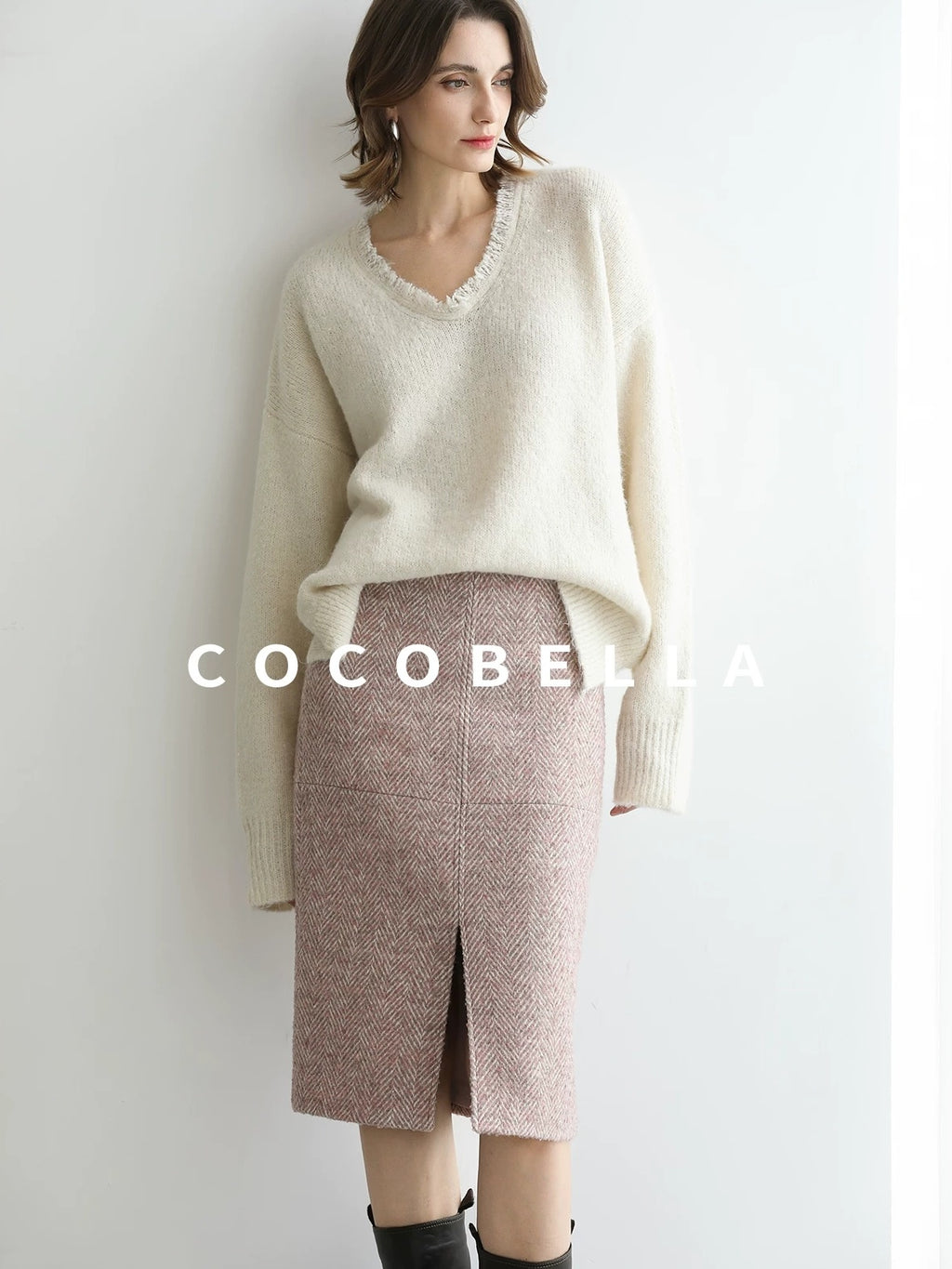 COCOBELLA Sequin Sparkle Relaxed V Neck Raw Edge Rib Slit Office Knit Pullover Sweater