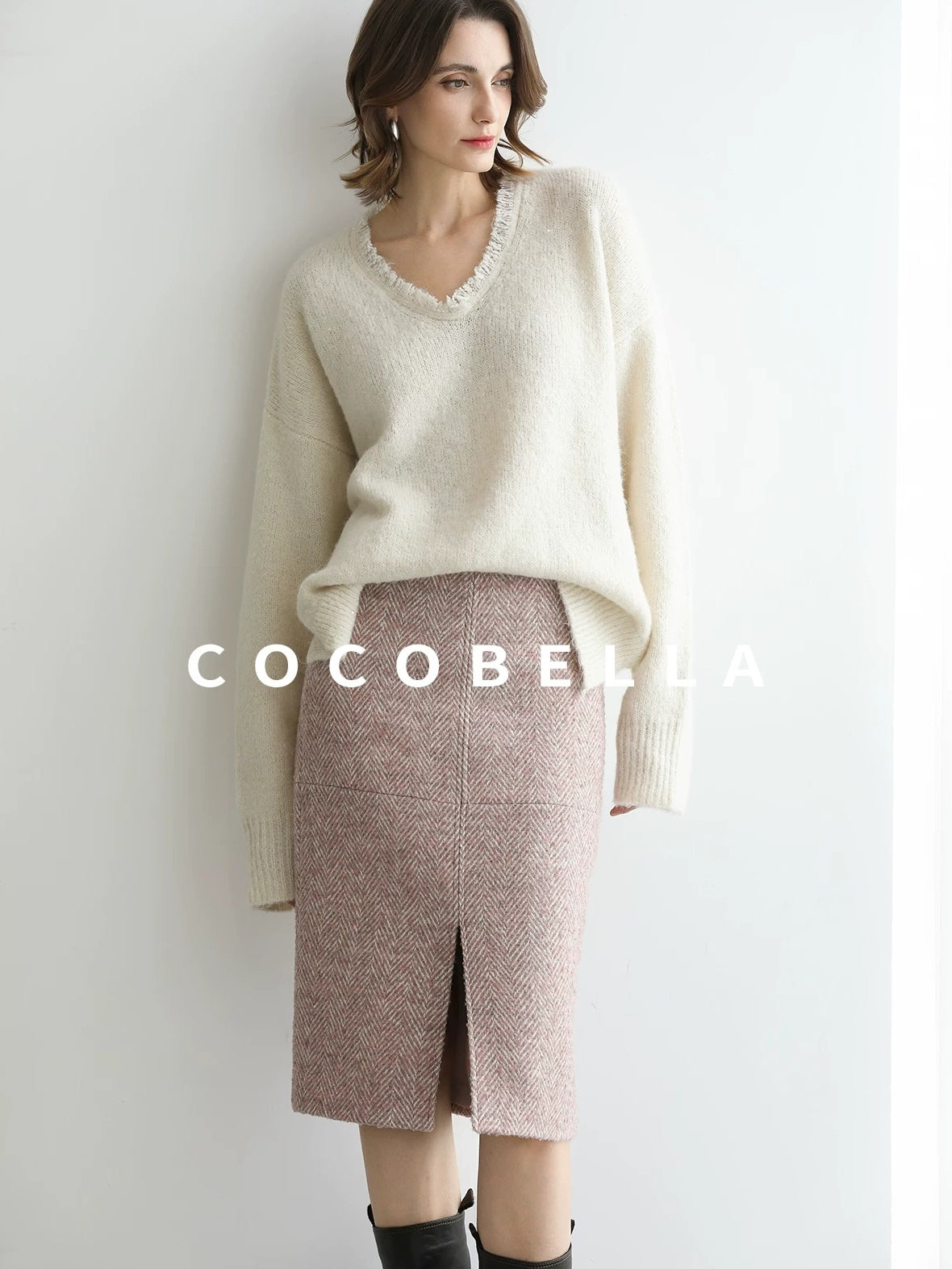 COCOBELLA Sequin Sparkle Relaxed V Neck Raw Edge Rib Slit Office Knit Pullover Sweater