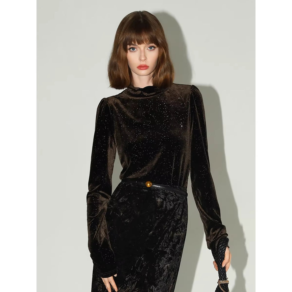 COCOBELLA_Sequined_French_Slim_Fit_Half_Turtleneck_Long_Sleeve_Women_Coffee_Brown_Shirts_MISSTT
