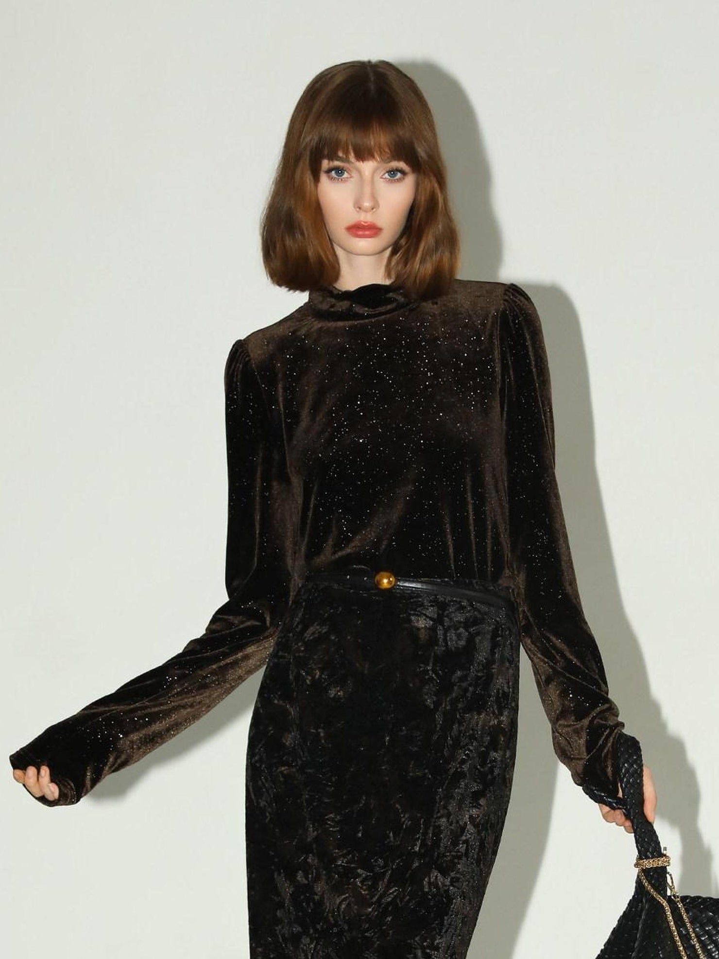 COCOBELLA Sequined French Slim Fit Half Turtleneck Long Sleeve Women Coffee Brown Shirts