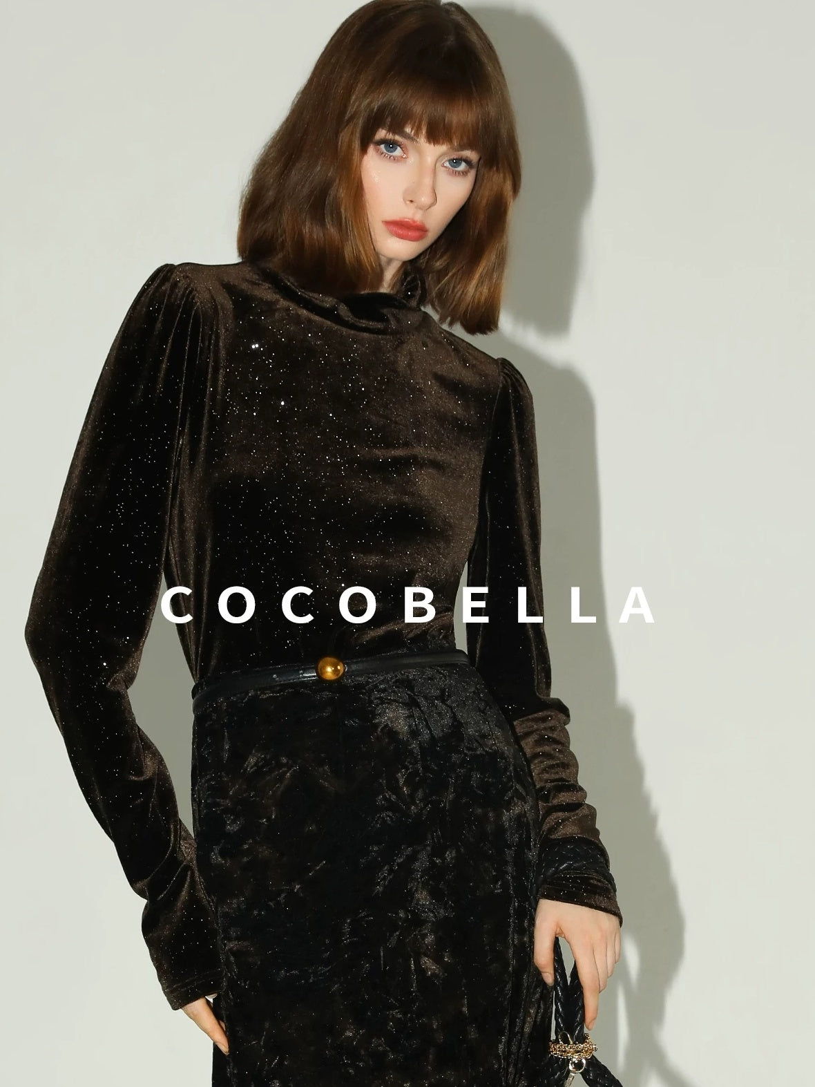 COCOBELLA Sequined French Slim Fit Half Turtleneck Long Sleeve Women Coffee Brown Shirts