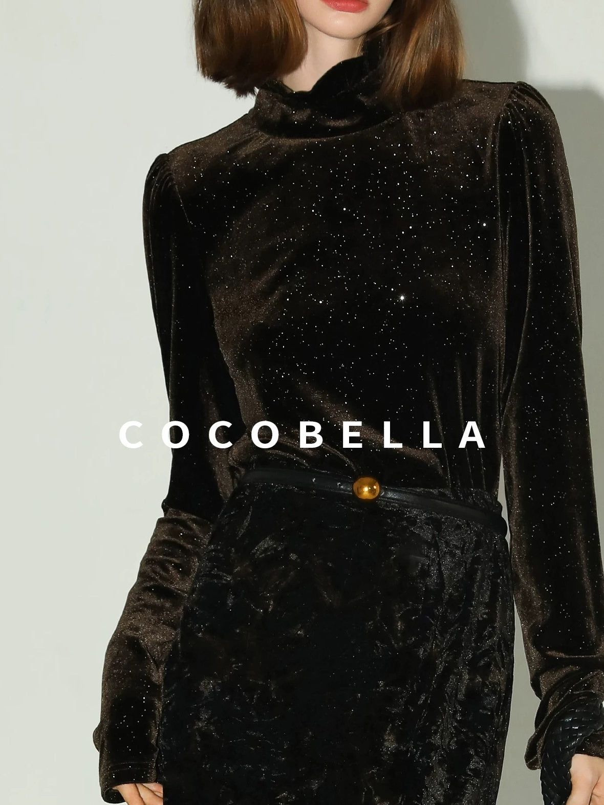 COCOBELLA Sequined French Slim Fit Half Turtleneck Long Sleeve Women Coffee Brown Shirts