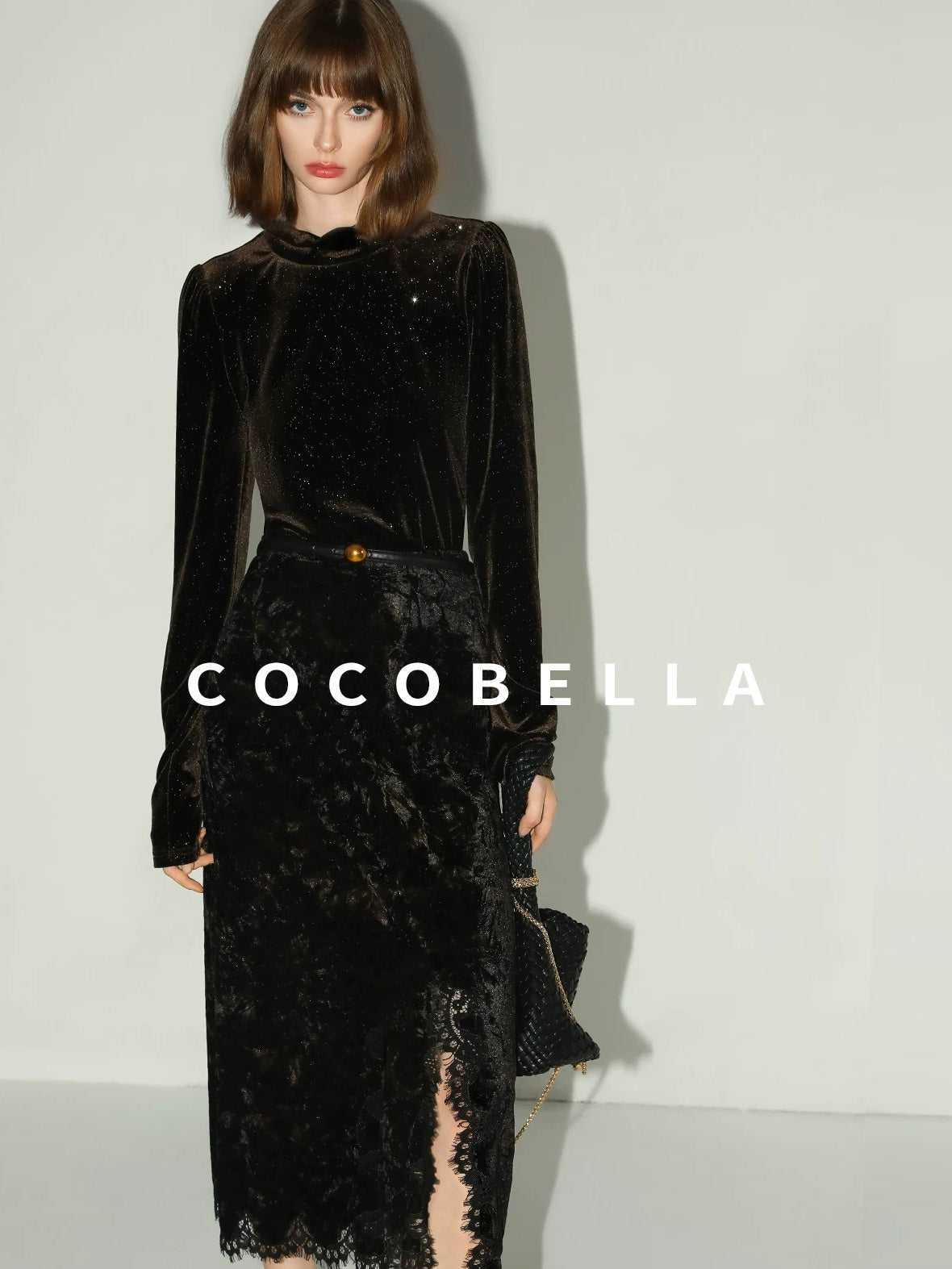 COCOBELLA Sequined French Slim Fit Half Turtleneck Long Sleeve Women Coffee Brown Shirts