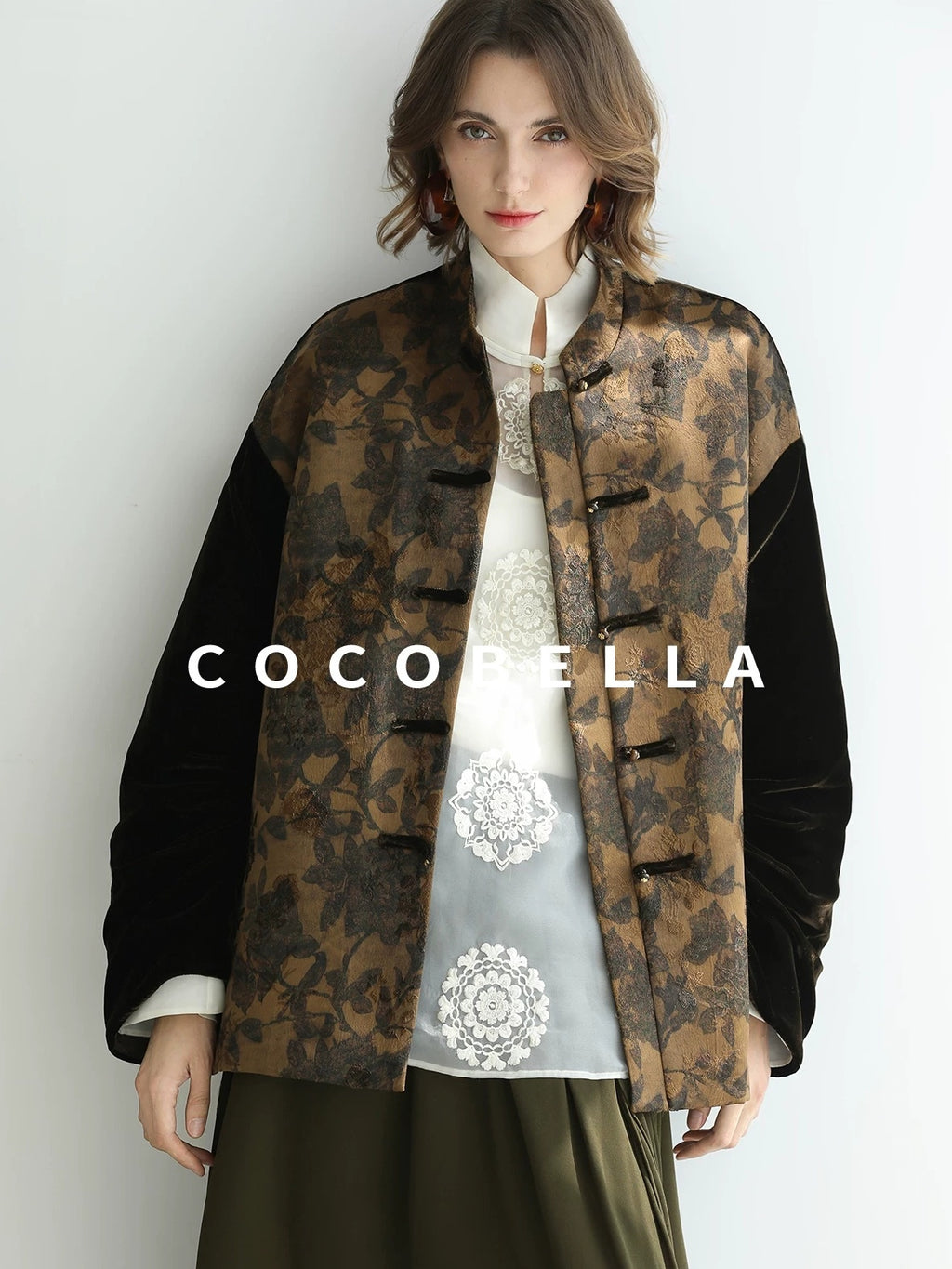 COCOBELLA Shape Retention Modern Chinese Loose Printed 3D Embellished Women Velvet Jackets