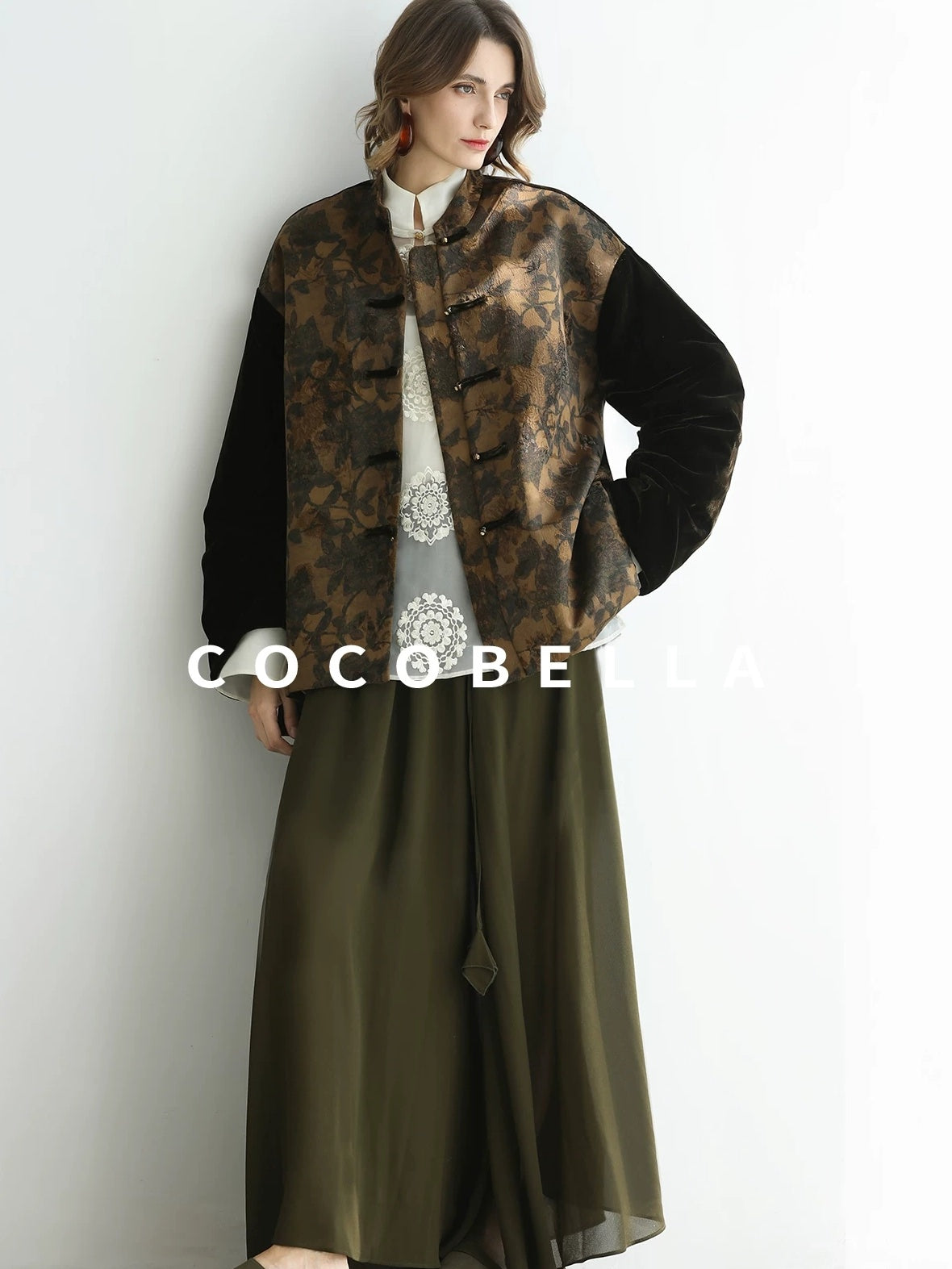 COCOBELLA Shape Retention Modern Chinese Loose Printed 3D Embellished Women Velvet Jackets
