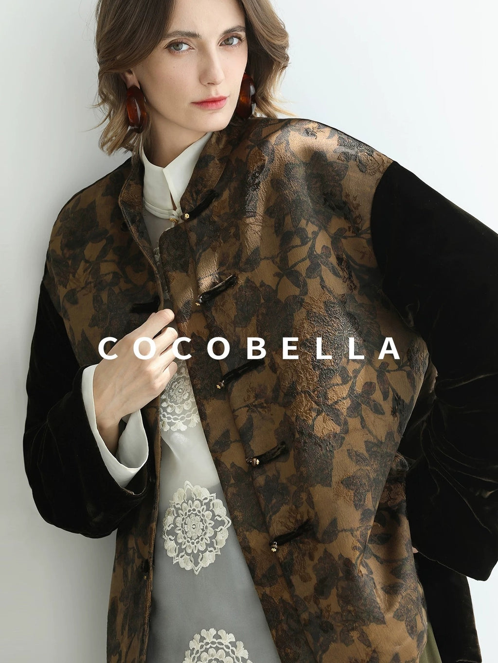 COCOBELLA Shape Retention Modern Chinese Loose Printed 3D Embellished Women Velvet Jackets