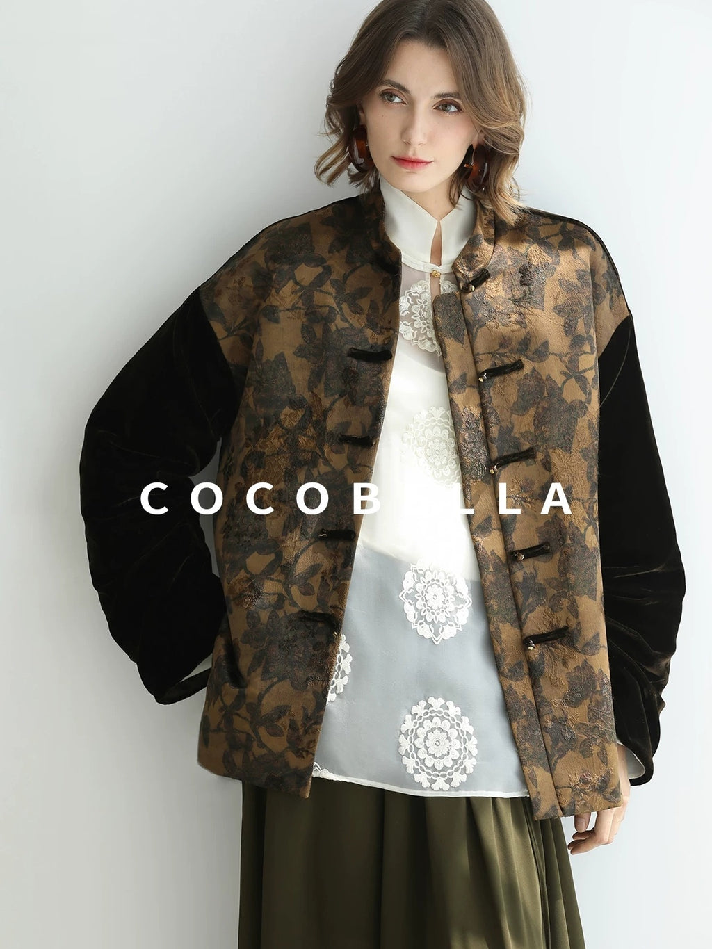 COCOBELLA Shape Retention Modern Chinese Loose Printed 3D Embellished Women Velvet Jackets