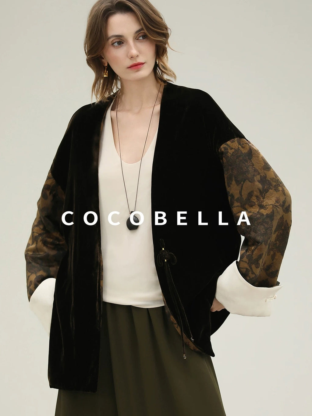 COCOBELLA Shape Retention Modern Chinese Loose Printed 3D Embellished Women Velvet Jackets