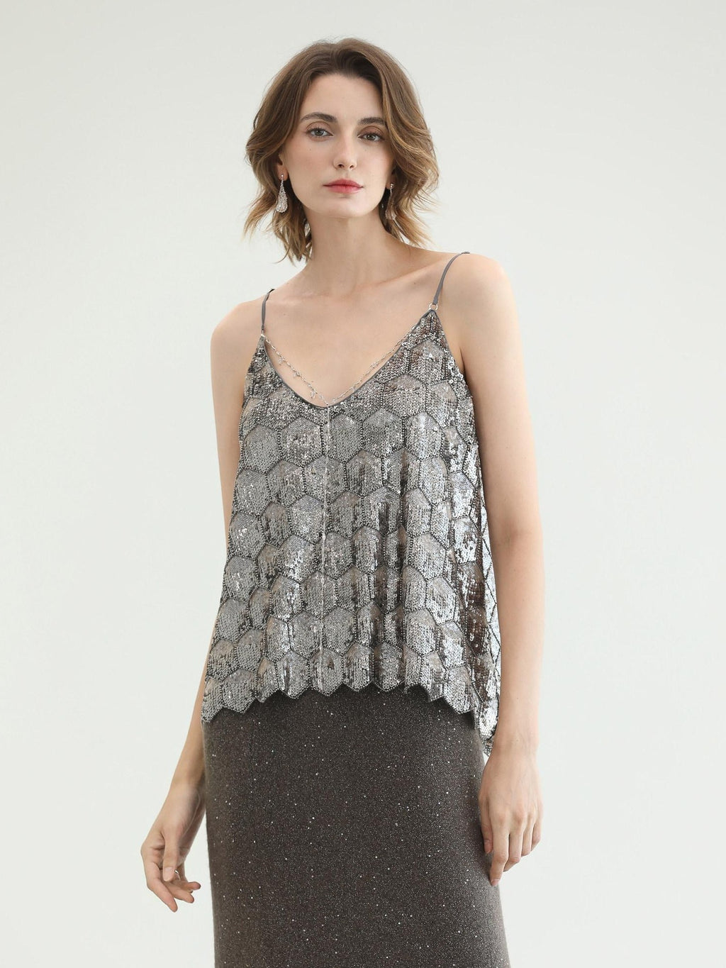 COCOBELLA Shimmer Chain V Neck Vacation Straight Tank Top For Women Platinum Gray Tops