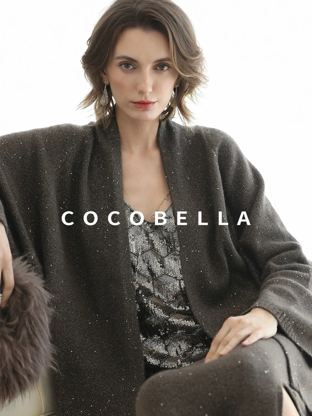 COCOBELLA Shimmer Chain V Neck Vacation Straight Tank Top For Women Platinum Gray Tops