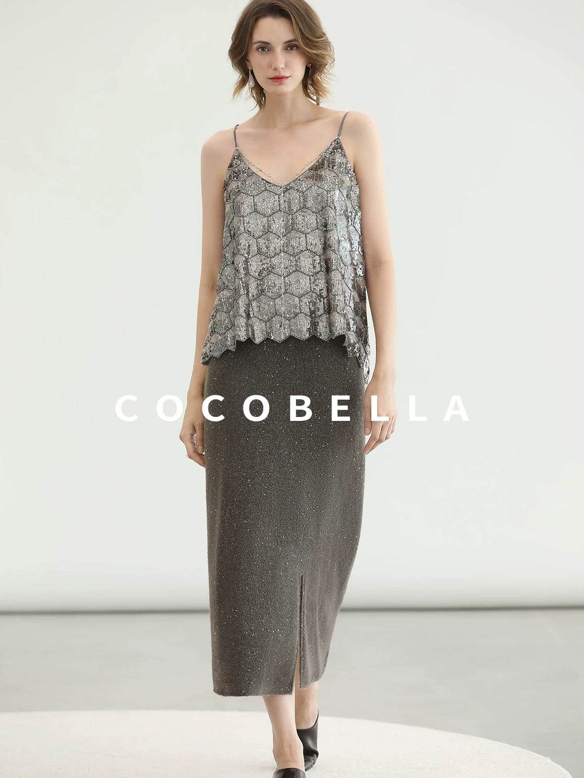 COCOBELLA Shimmer Chain V Neck Vacation Straight Tank Top For Women Platinum Gray Tops