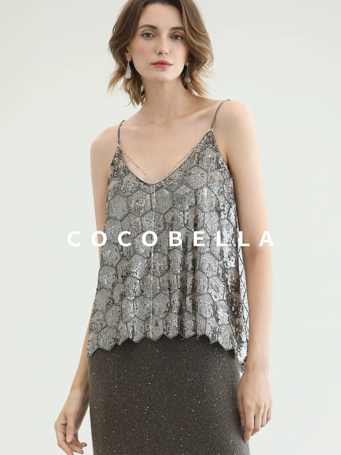 COCOBELLA Shimmer Chain V Neck Vacation Straight Tank Top For Women Platinum Gray Tops