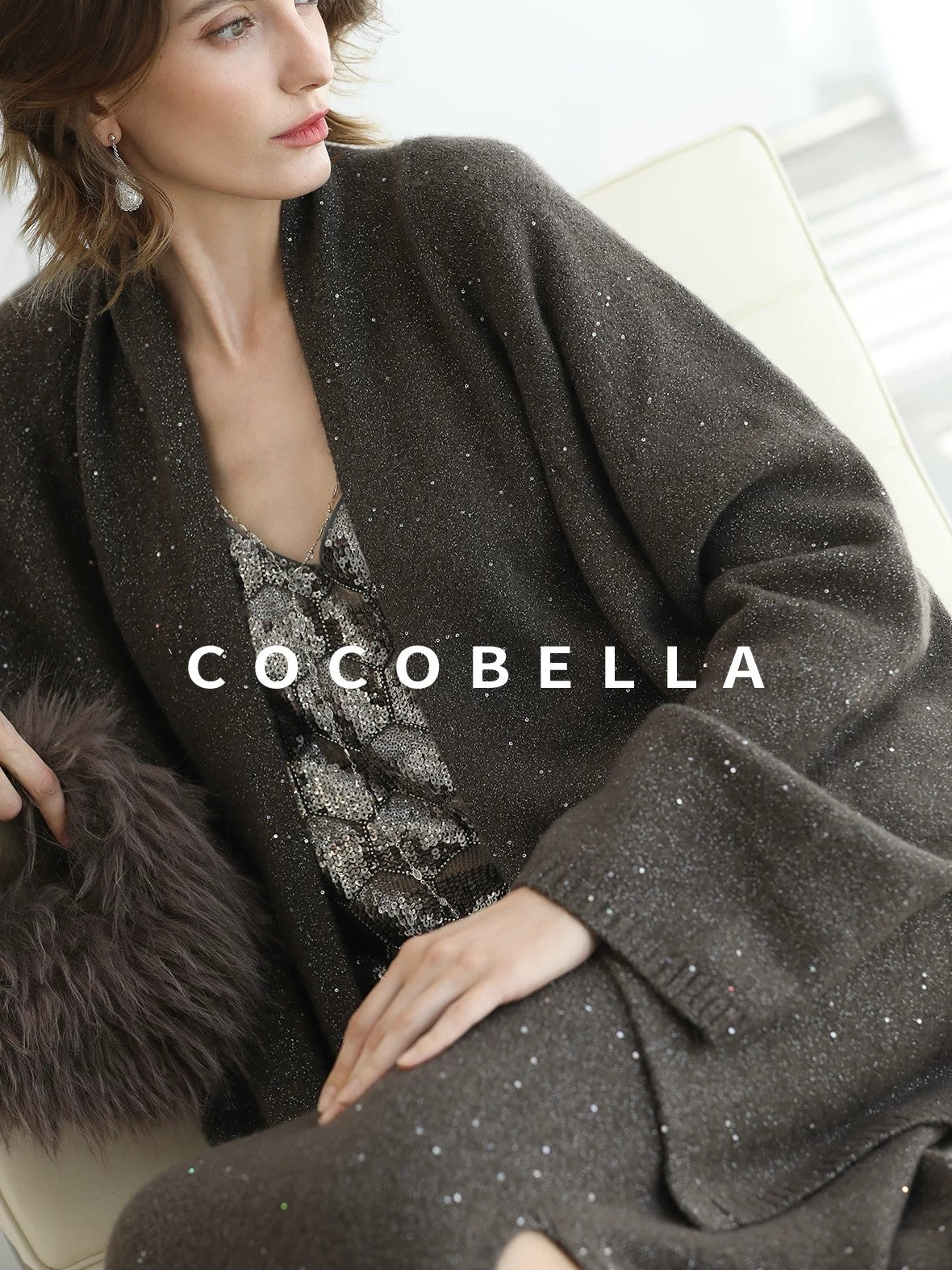 COCOBELLA Shimmer Chain V Neck Vacation Straight Tank Top For Women Platinum Gray Tops