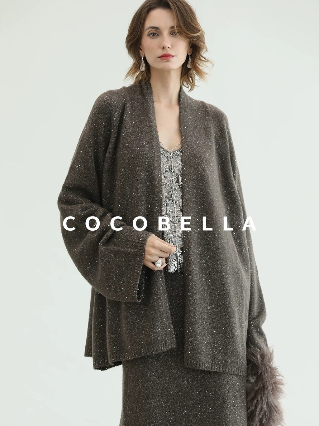 COCOBELLA Shimmer Chain V Neck Vacation Straight Tank Top For Women Platinum Gray Tops