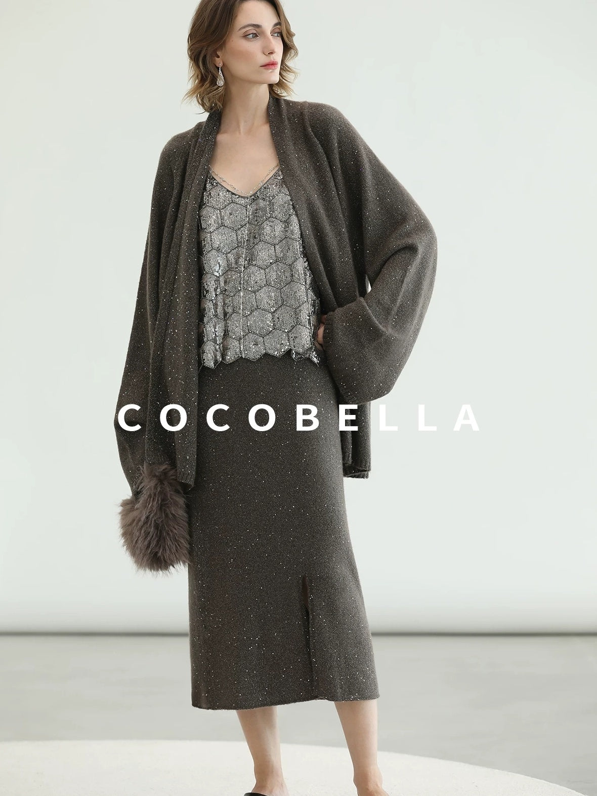 COCOBELLA Shimmer Chain V Neck Vacation Straight Tank Top For Women Platinum Gray Tops