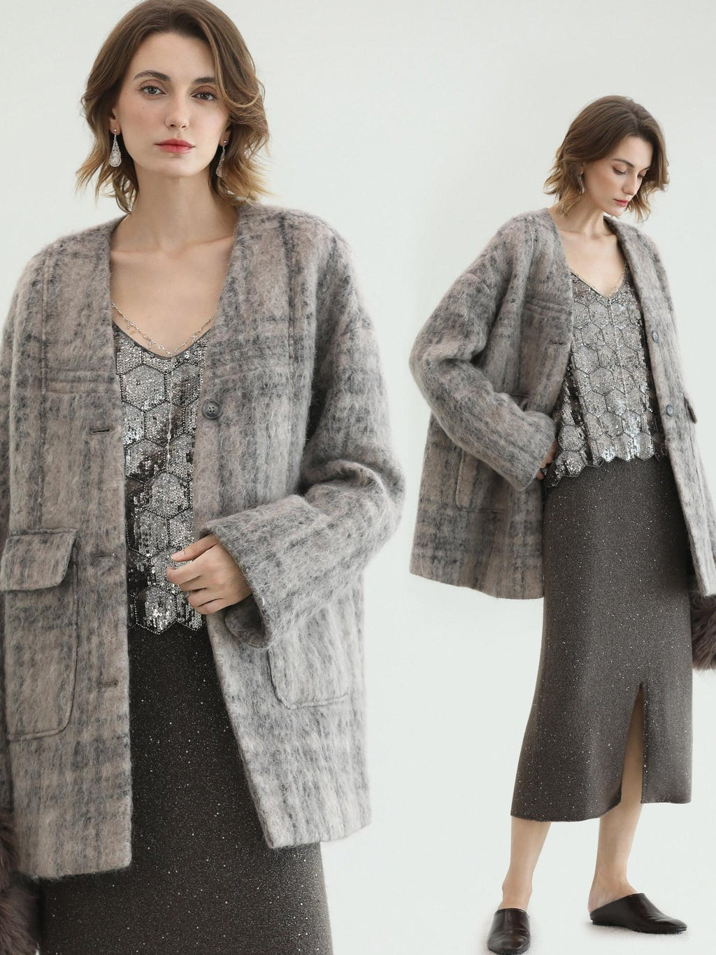 COCOBELLA Shimmer Chain V Neck Vacation Straight Tank Top For Women Platinum Gray Tops